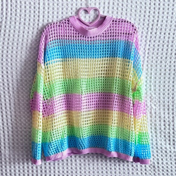 Pink Lily open weave pastel stripe sweater size Medium - Picture 1 of 2